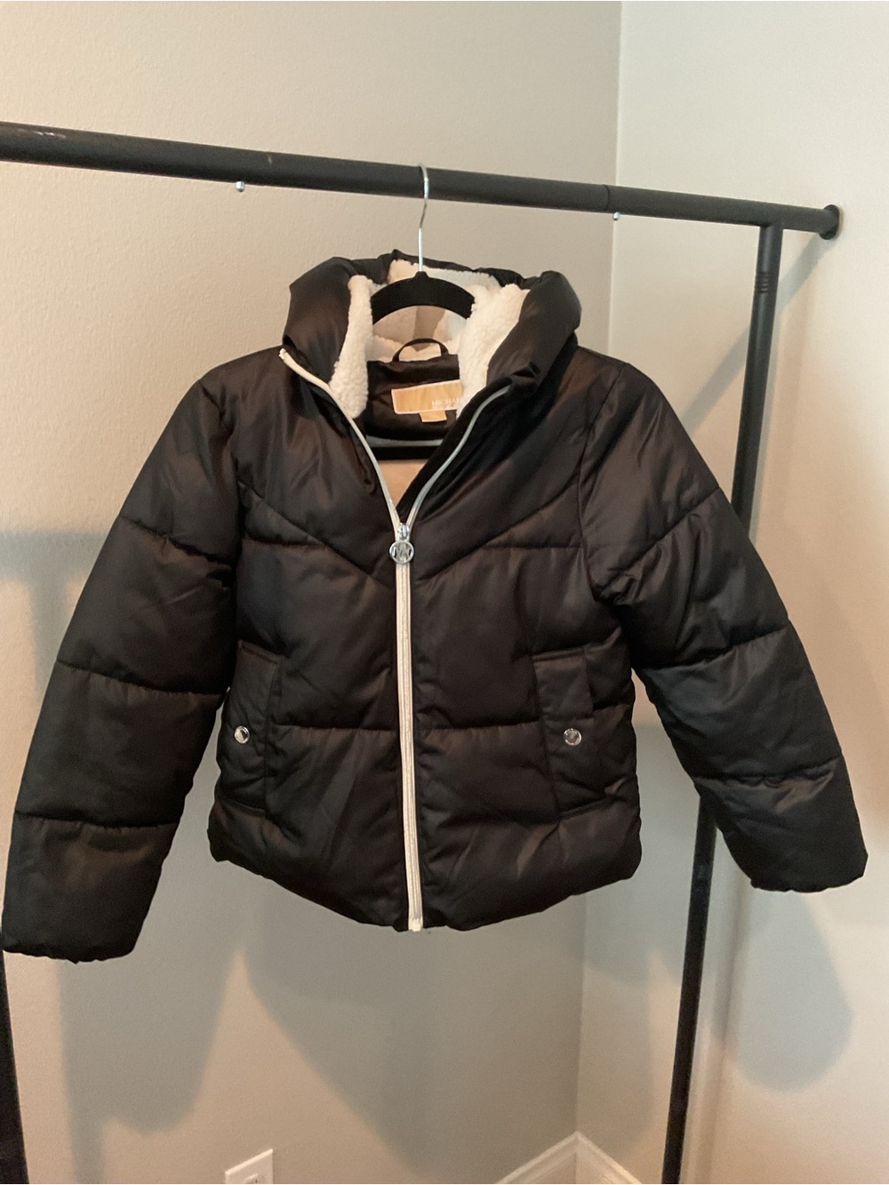 Michael Kors Black Puffer Jacket with Cream Sherpa Hood Trim